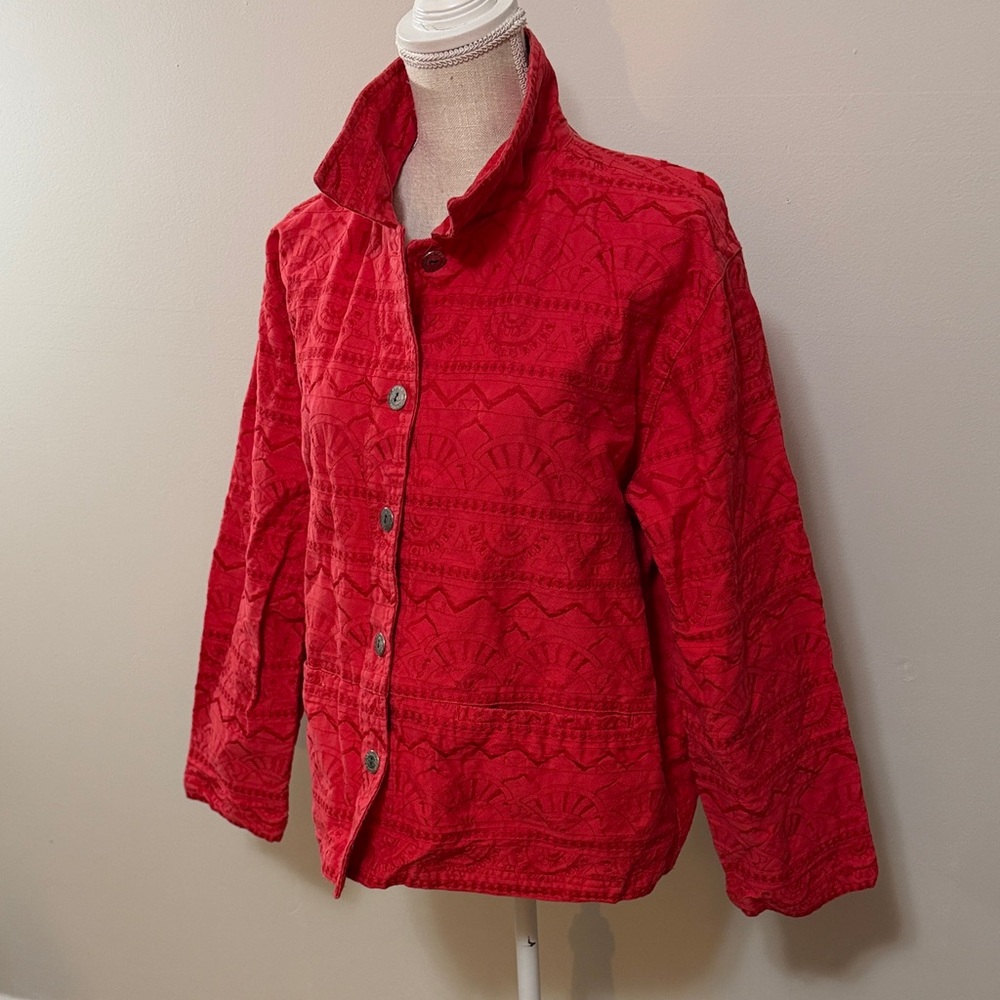 Chico's Red‎ Embossed Button-Front Jacket - Picture 2 of 7